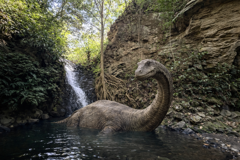 A brontosaurus-like dinosaur stands calmly in a forest pool beneath a small waterfall, its long neck raised above the water. Steep rock walls, exposed tree roots, and dense greenery surround the scene.