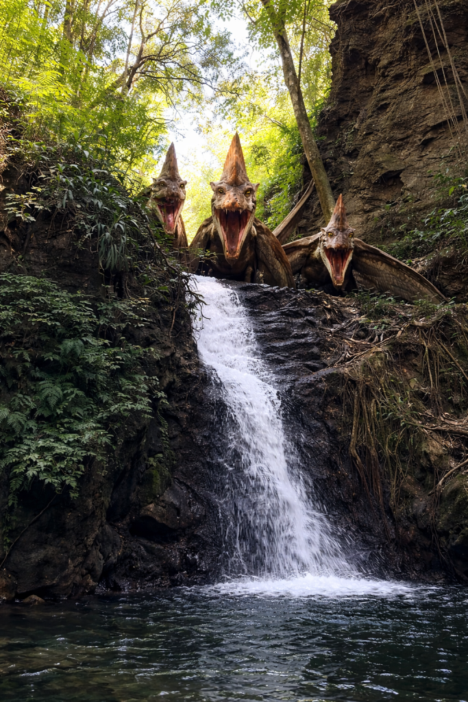 Three pterosaur-like dinosaurs perch at the top of a jungle waterfall, mouths open as they look downward. Water cascades into a rocky pool below, surrounded by dense green foliage and steep rock walls.