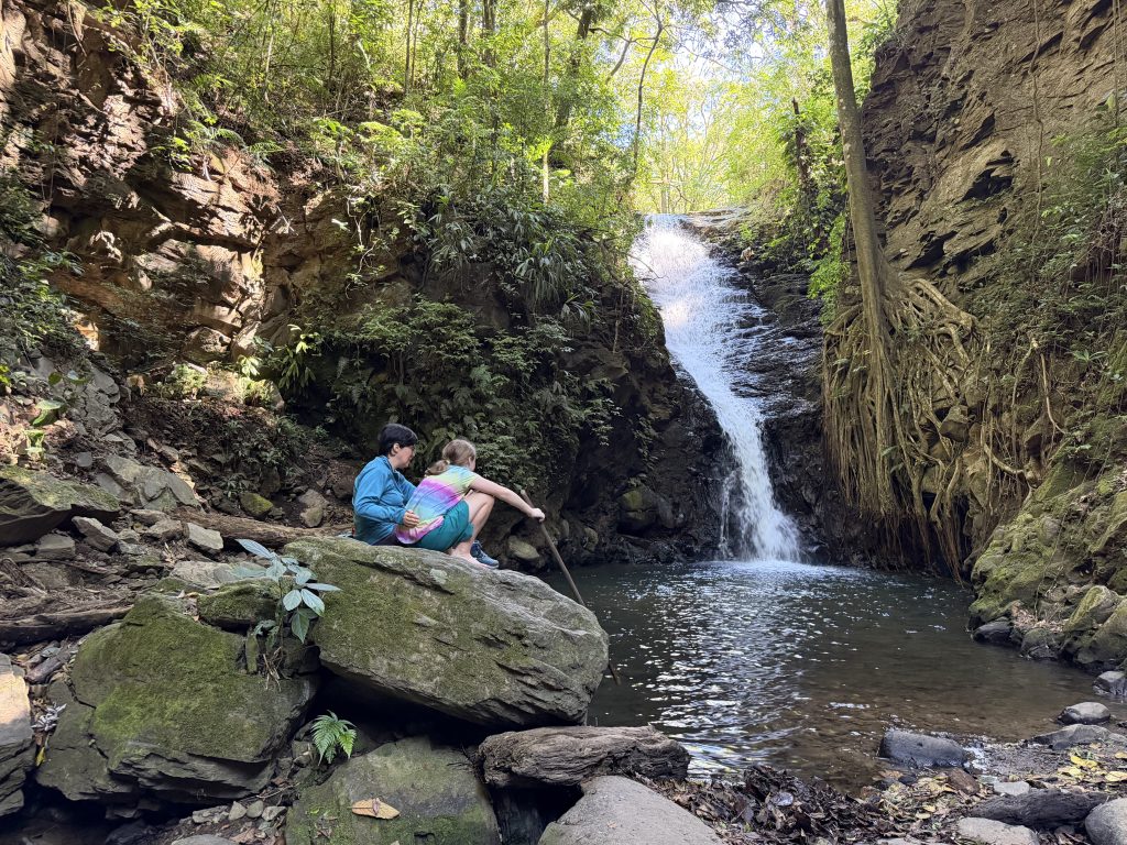 Sophie and Lynnette sit on a large rock at the edge of a small forest pool beneath a narrow waterfall. Sophie crouches forward using a stick to touch the water while Lynnette sits slightly behind her. Steep rock walls, exposed roots, and dense green vegetation surround the shaded waterfall scene